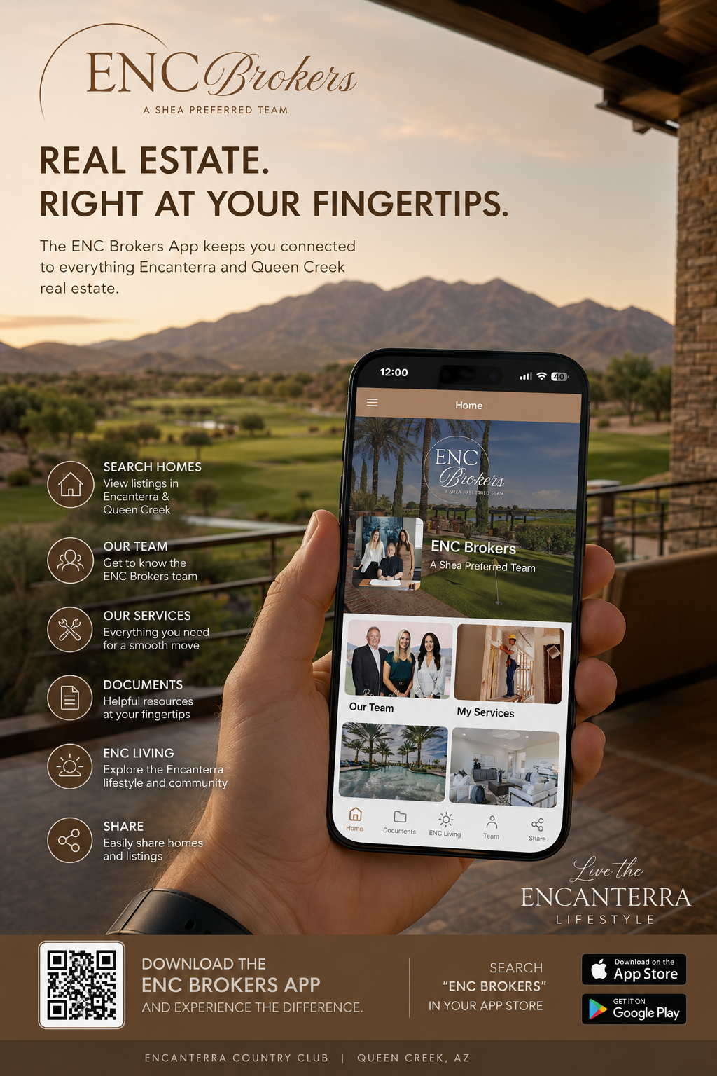 ENC Brokers app promo — Real estate right at your fingertips